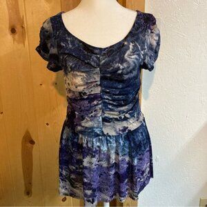 Anthropologie M Blue and Purple Ruched Babydoll V Neck Short Sleeve Lined Blouse